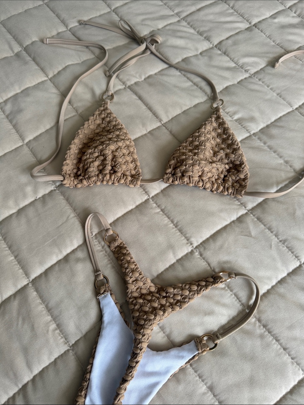 Beige Crochet Triangle Bikini Set - Women Swim